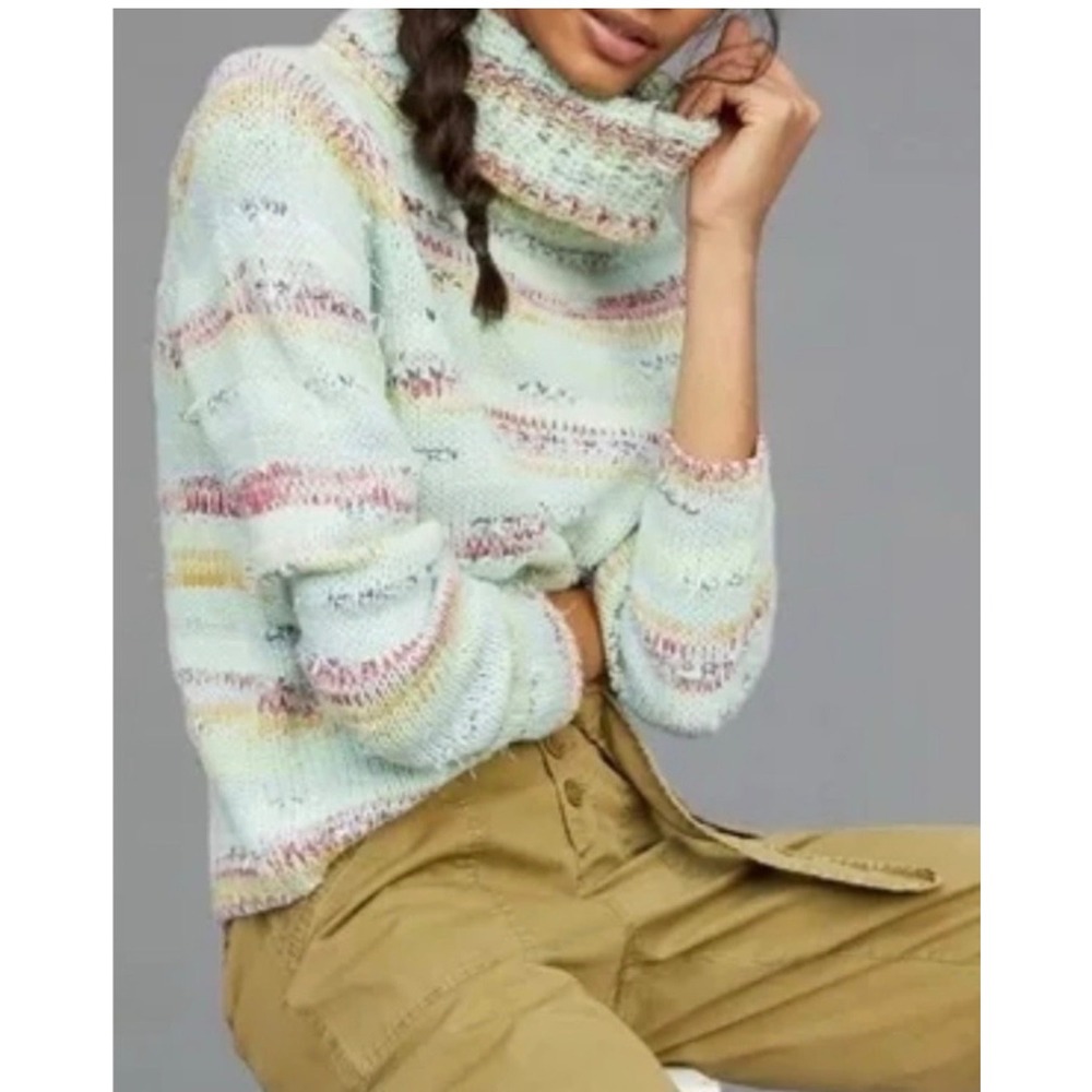 Anthropologie Elya Cowl Space Dye Striped Turtleneck Sweater Mint Green Multi M